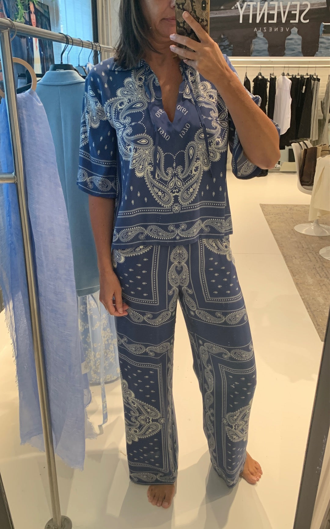 OUTLET 19.70 Broek Print Blauw / Ecru