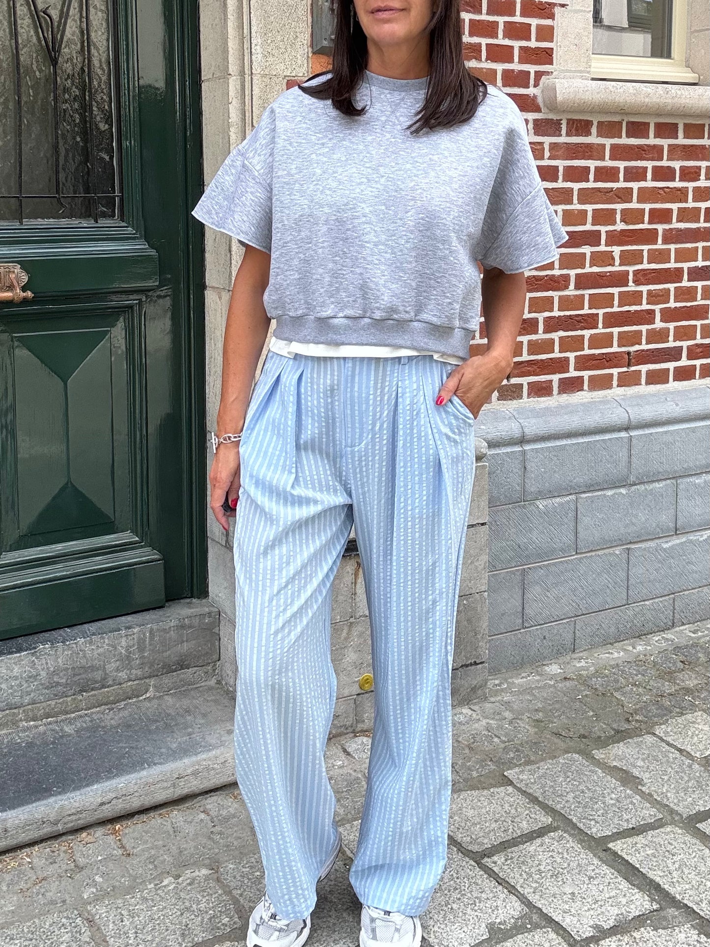 OUTLET The New Society Broek Symi Powder Blue Stripe
