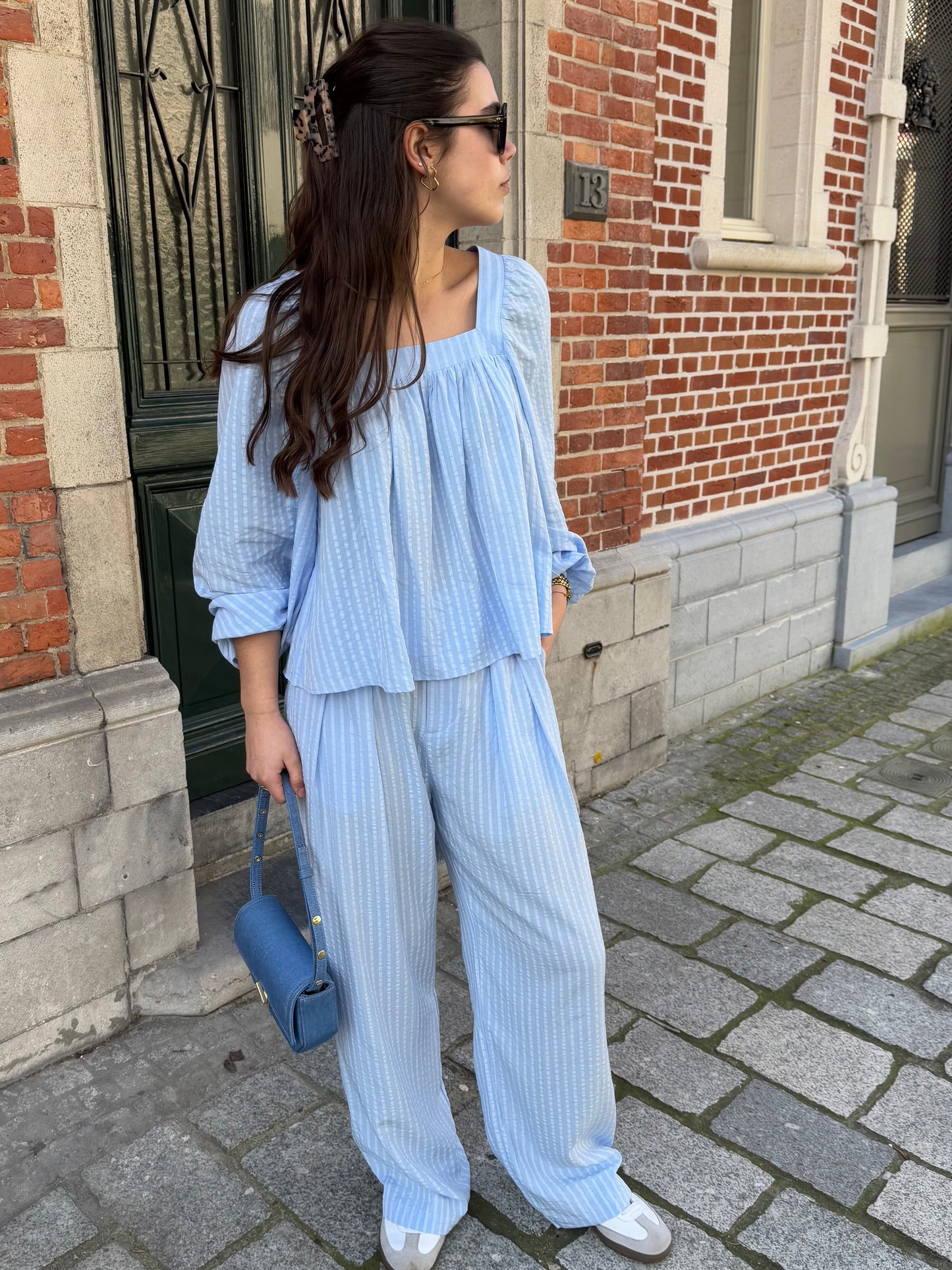 OUTLET The New Society Broek Symi Powder Blue Stripe