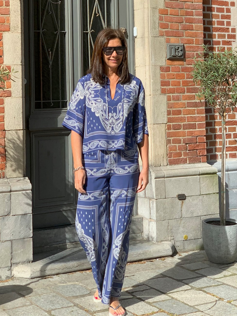 OUTLET 19.70 Broek Print Blauw / Ecru