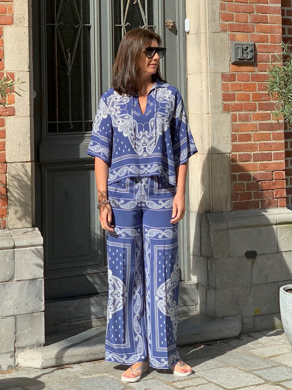 OUTLET 19.70 Broek Print Blauw / Ecru