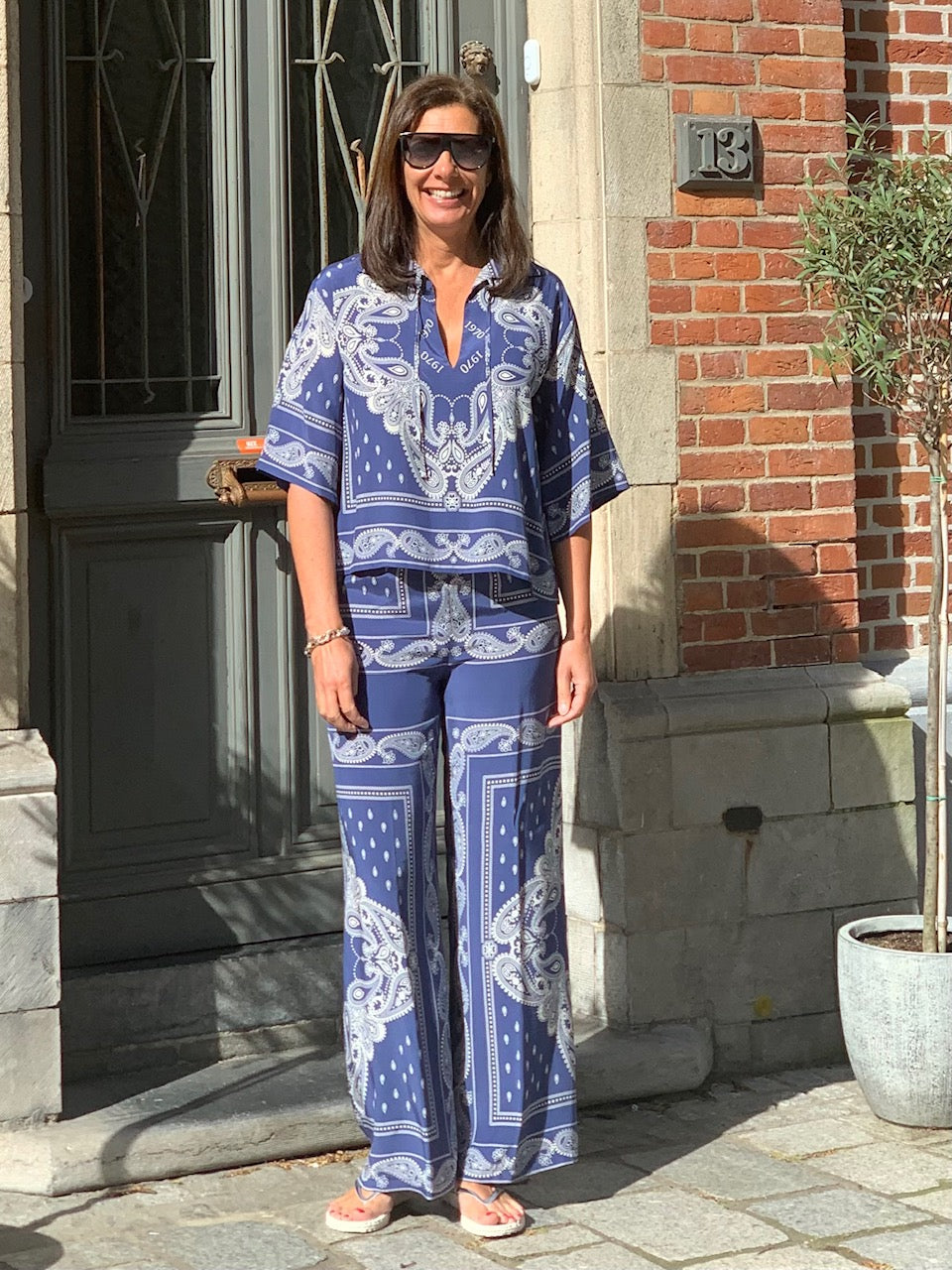 OUTLET 19.70 Broek Print Blauw / Ecru