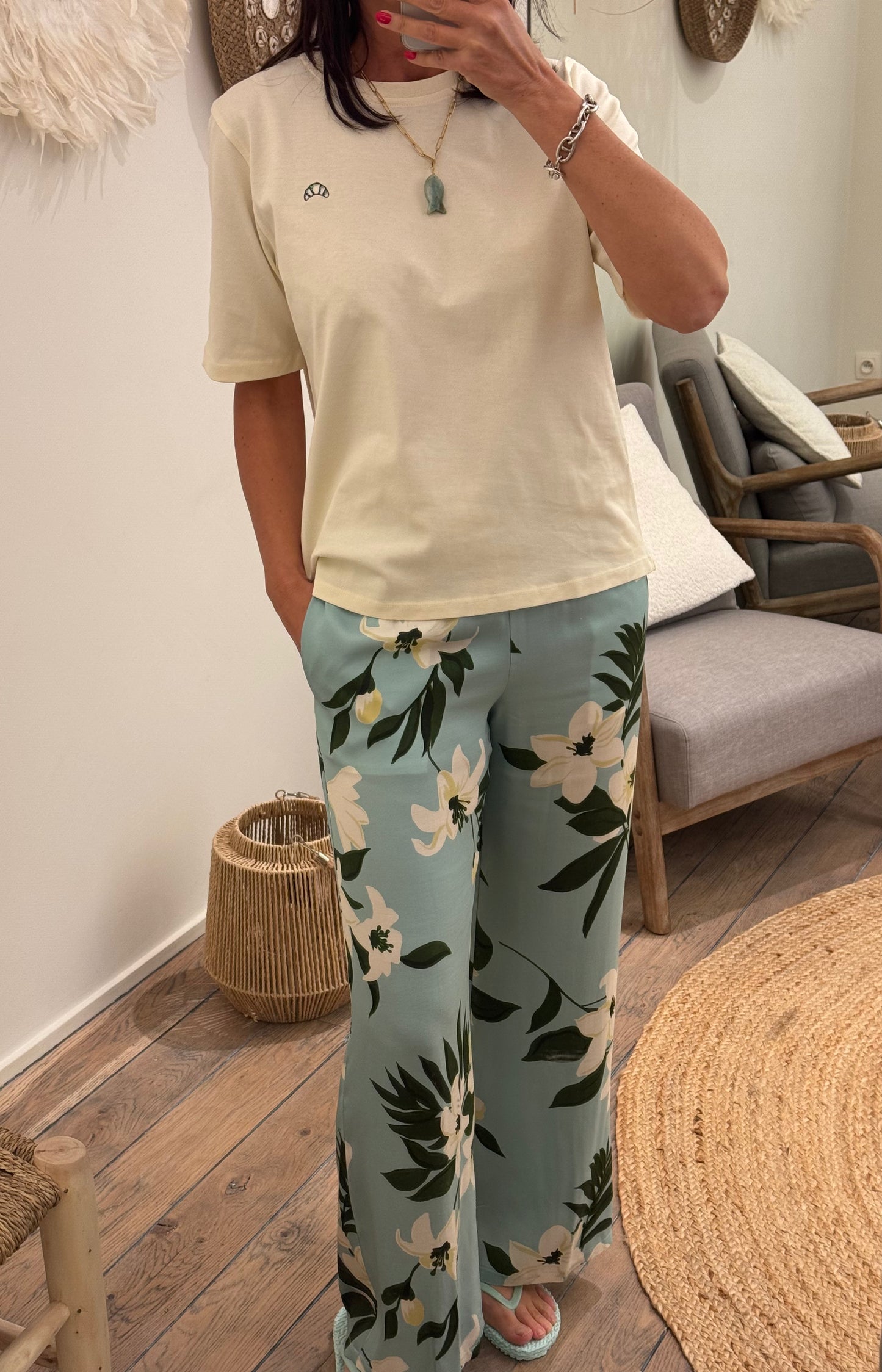 OUTLET 19.70 Broek Bloemenprint Muntgroen