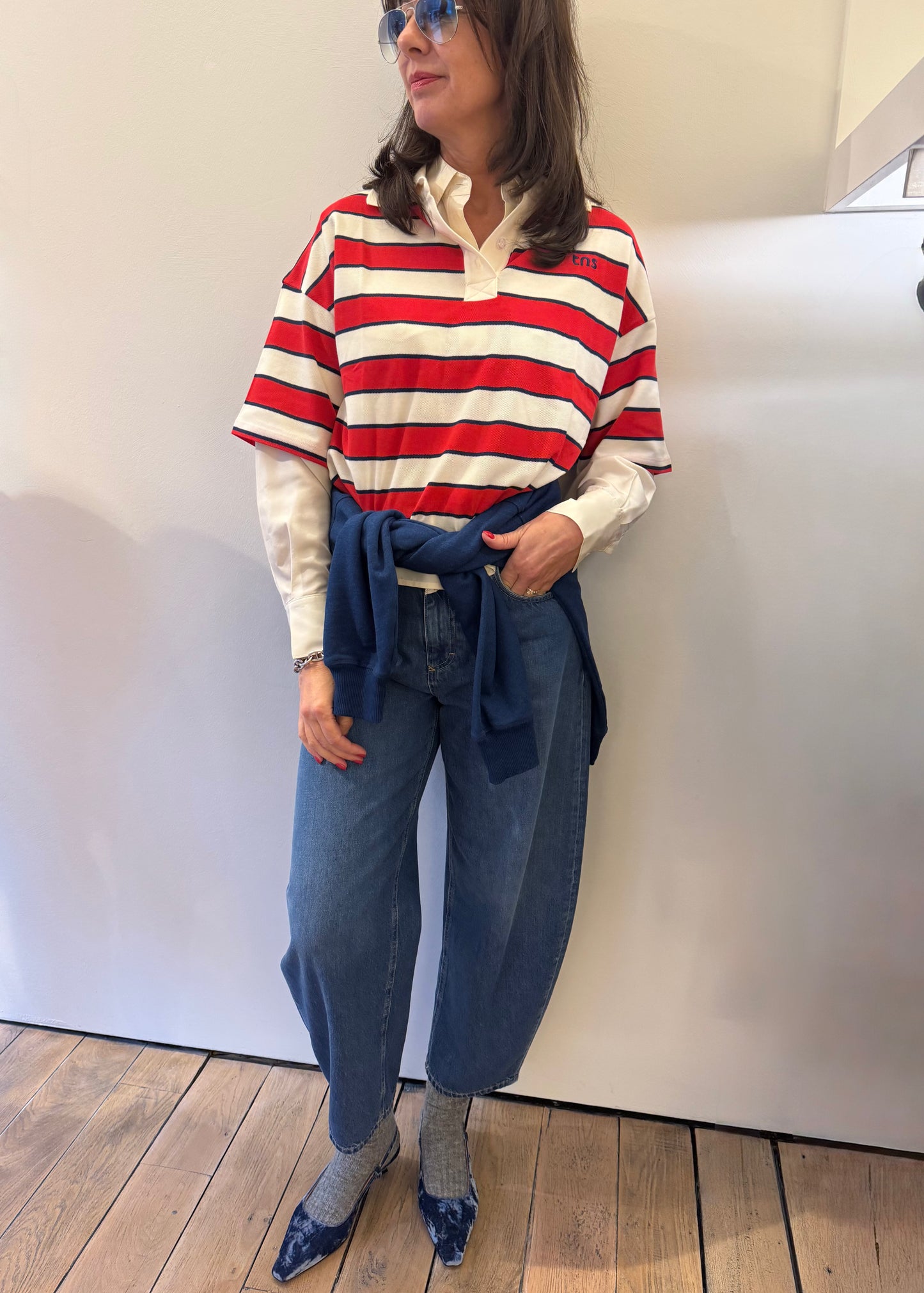 The New Society Woman Polo Tulip Red & Midnight Stripes