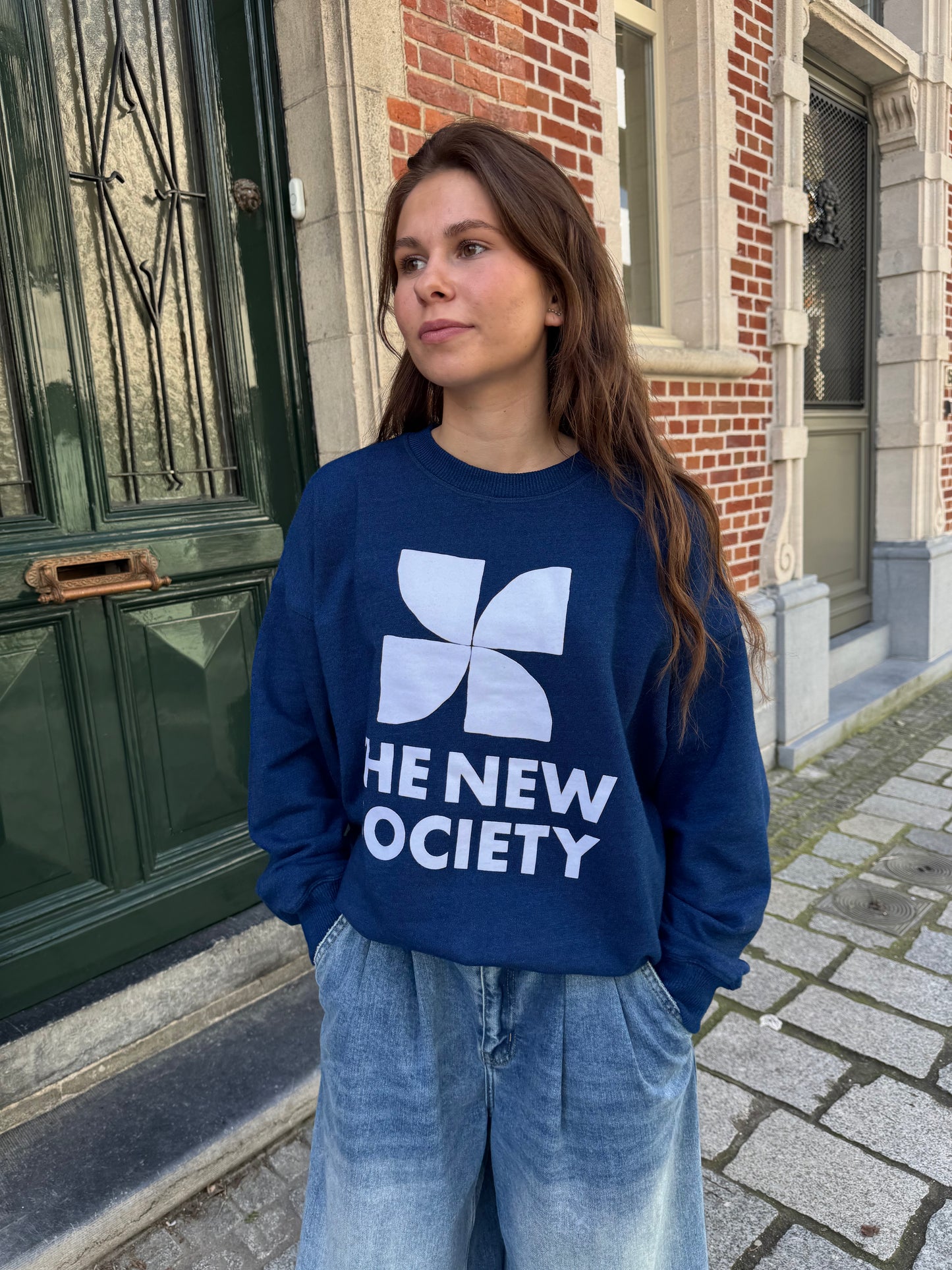 The New Society Woman Sweater Logo Ocean Indigo