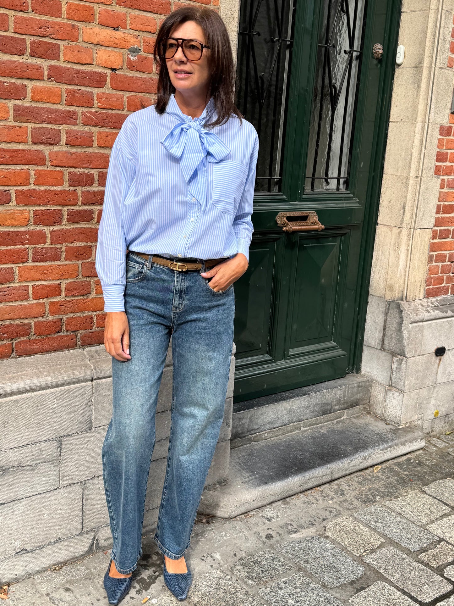 JCSophie Bloes Polo met Strik Gestreept Licht Blauw