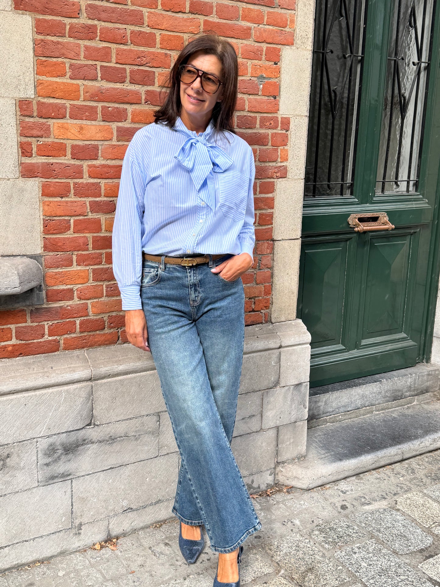 JCSophie Bloes Polo met Strik Gestreept Licht Blauw
