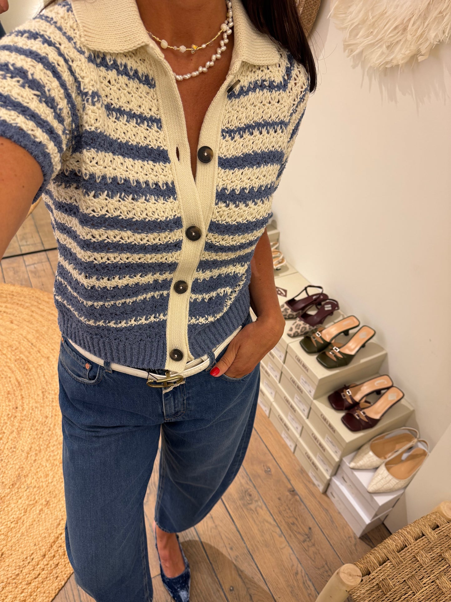 Closed Polo-Cardigan Gestreept Bio-Katoen Stone Blue