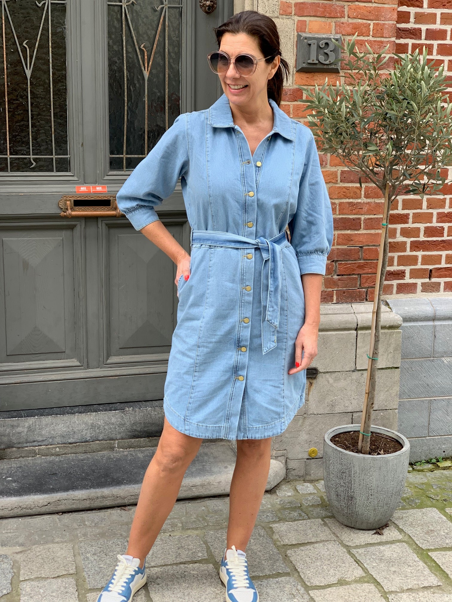 OUTLET Coster Copenhagen Jurk Denim met Pofmouw Light Denim Luisa